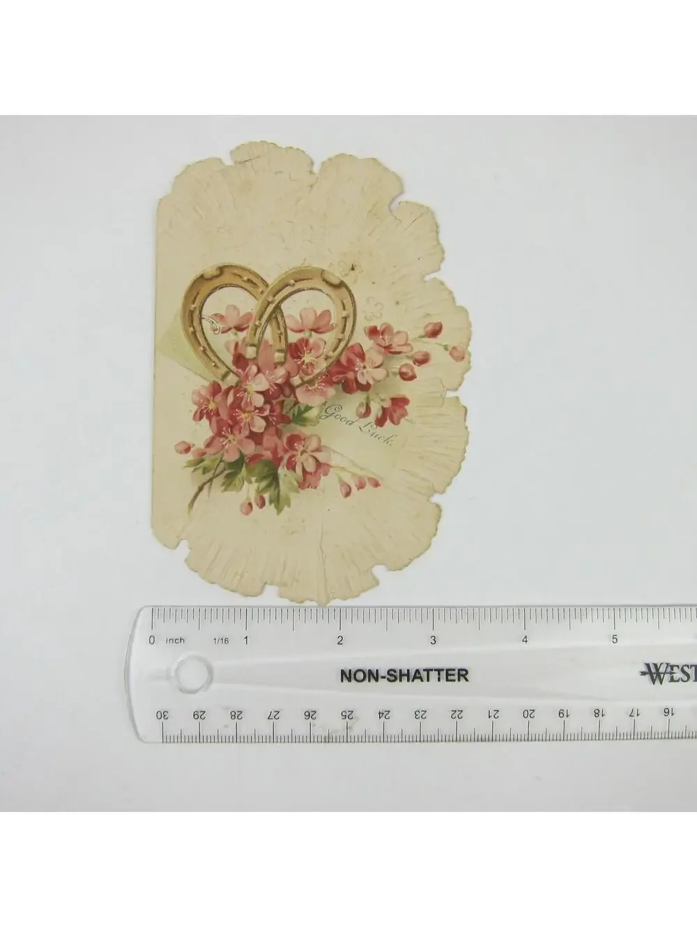 Victorian Good Luck Greeting Card Gold Horseshoes Pink Flowers Embossed Antique
